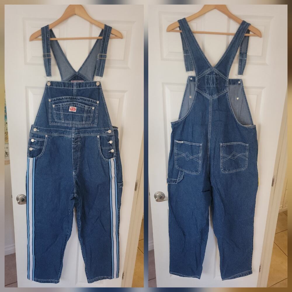 VTG Revolt Denim Bib Overalls Sz 18 Wide Leg Baggy Tuxedo Stripe Retro 90S Y2K